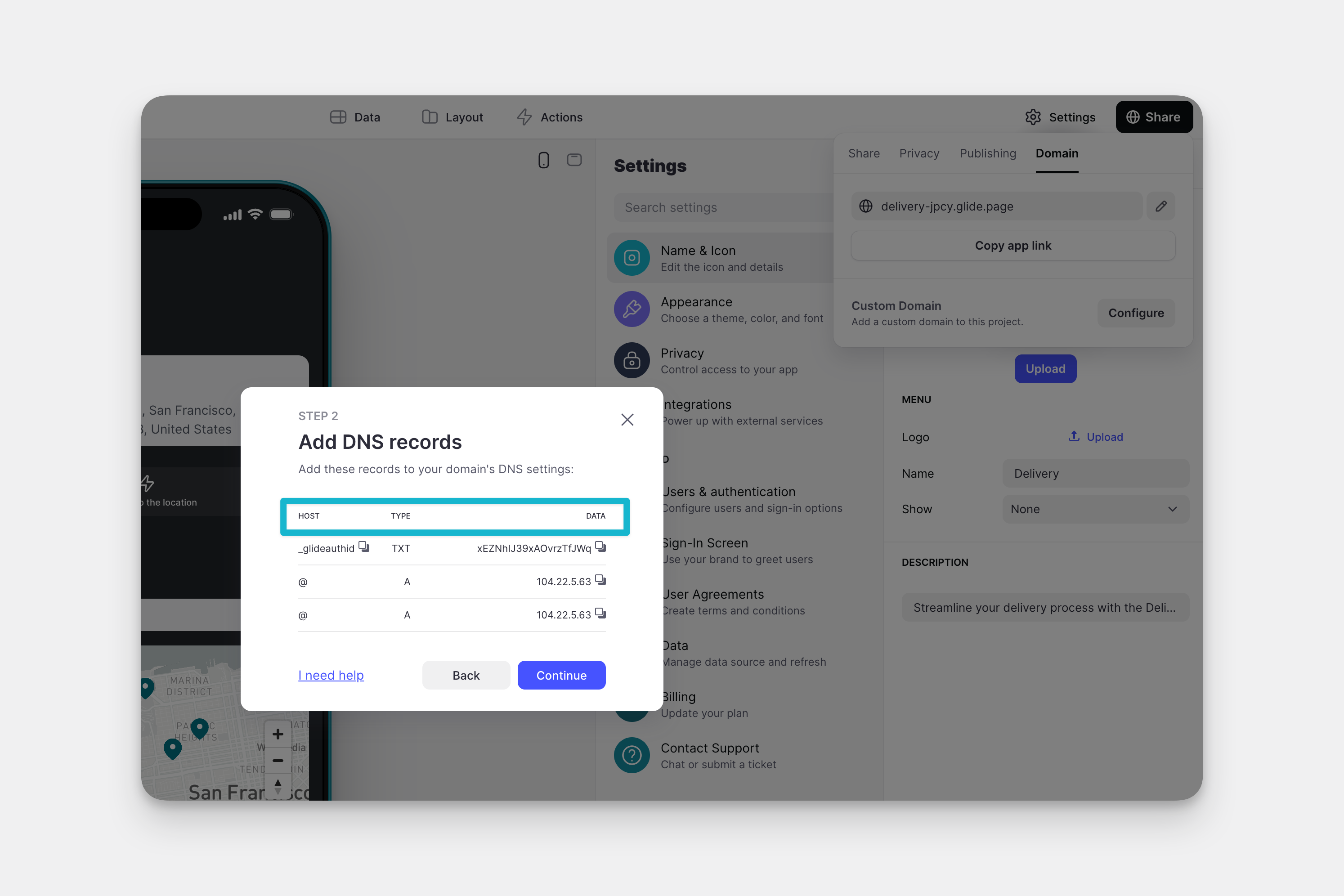 DNS records for configuring your custom domain
